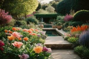 ai generado tranquilo jardín escena con un variedad de vistoso flores en floración generativo por ai foto