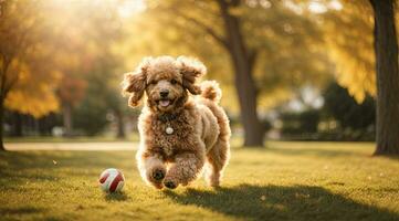 ai generado alegre perro corriendo hacia el cámara en un soleado parque con un pelota acostado generativo por ai foto