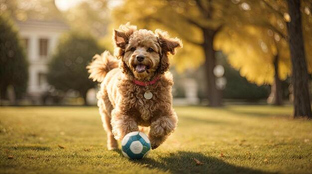 AI generated Joyful dog running towards the camera in a sunny park with a ball lying Generative by AI photo