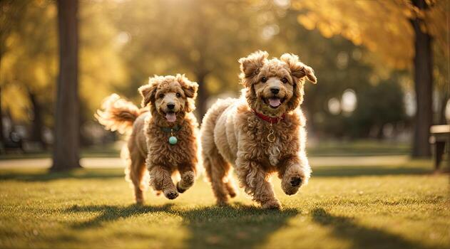 ai generado alegre perro corriendo hacia el cámara en un soleado parque con un pelota acostado generativo por ai foto