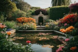 ai generado tranquilo jardín escena con un variedad de vistoso flores en floración generativo por ai foto