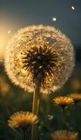 ai generado diente de león semilla cabeza retroiluminado por el ajuste sol, con un calentar dorado hora resplandor generativo por ai foto