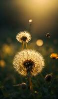 ai generado diente de león semilla cabeza retroiluminado por el ajuste sol, con un calentar dorado hora resplandor generativo por ai foto