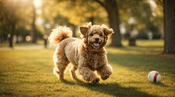 ai generado alegre perro corriendo hacia el cámara en un soleado parque con un pelota acostado generativo por ai foto