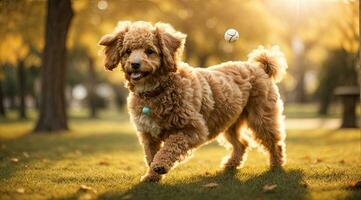 ai generado alegre perro corriendo hacia el cámara en un soleado parque con un pelota acostado generativo por ai foto