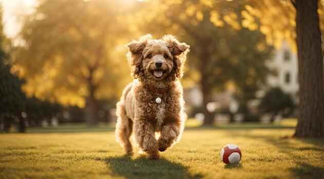 AI generated Joyful dog running towards the camera in a sunny park with a ball lying Generative by AI photo