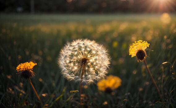 ai generado diente de león semilla cabeza retroiluminado por el ajuste sol, con un calentar dorado hora resplandor generativo por ai foto