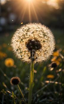ai generado diente de león semilla cabeza retroiluminado por el ajuste sol, con un calentar dorado hora resplandor generativo por ai foto