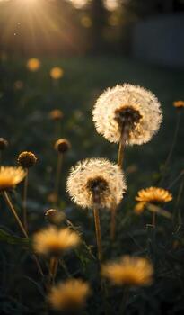 ai generado diente de león semilla cabeza retroiluminado por el ajuste sol, con un calentar dorado hora resplandor generativo por ai foto