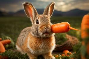 AI generated A cute rabbit surrounded by fresh carrots on a rustic wooden surface Generative by AI photo