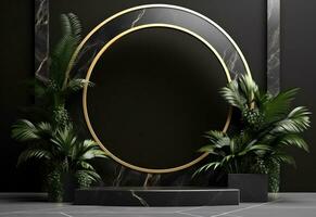 AI generated black marble golden circular frame with plants photo