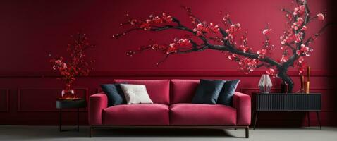 AI generated blooming plum blossoms on the red wall photo