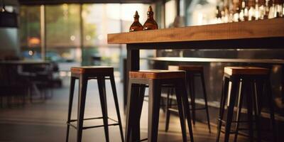 AI generated bar set up, with wooden table and stools photo