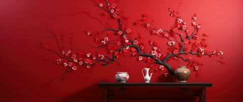 AI generated blooming plum blossoms on the red wall photo