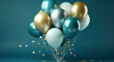 AI generated blue and gold balloons with gold stars on a blue background photo