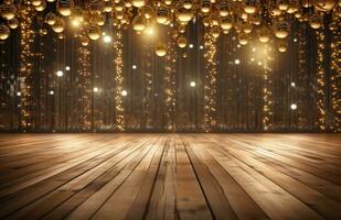 AI generated an empty dance floor with sparkling gold balls photo