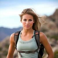 AI generated A fit woman hiking up a mountain trail, with a look of determination photo
