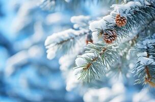 AI generated snowy pine leafs with a beautiful winter day photo