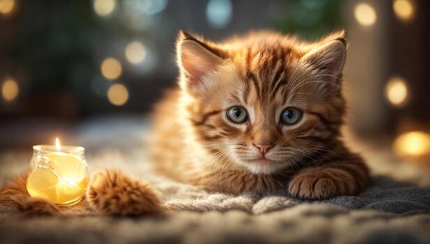 AI generated Cute tabby kitten lying down with warm bokeh lights in the background Generative by AI photo