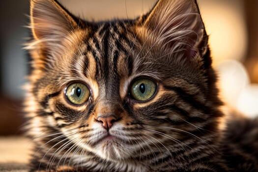 ai generado linda atigrado gatito acostado abajo con calentar bokeh luces en el antecedentes generativo por ai foto