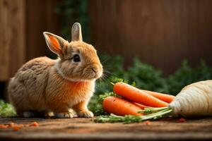 ai generado un linda Conejo rodeado por Fresco zanahorias en un rústico de madera superficie generativo por ai foto