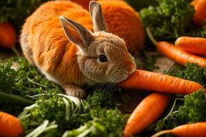 ai generado un linda Conejo rodeado por Fresco zanahorias en un rústico de madera superficie generativo por ai foto