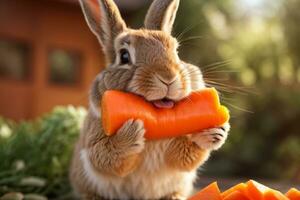 ai generado un linda Conejo rodeado por Fresco zanahorias en un rústico de madera superficie generativo por ai foto