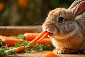 AI generated A cute rabbit surrounded by fresh carrots on a rustic wooden surface Generative by AI photo