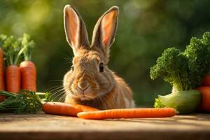 ai generado un linda Conejo rodeado por Fresco zanahorias en un rústico de madera superficie generativo por ai foto