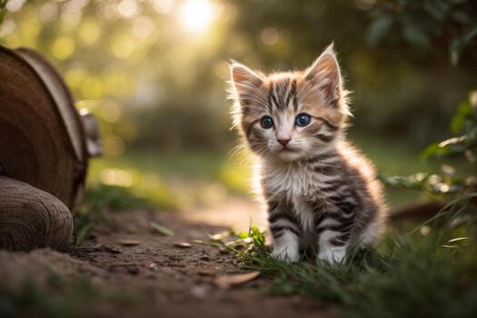 AI generated Cute tabby kitten lying down with warm bokeh lights in the background Generative by AI photo