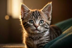 AI generated Cute tabby kitten lying down with warm bokeh lights in the background Generative by AI photo