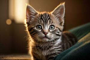 AI generated Cute tabby kitten lying down with warm bokeh lights in the background Generative by AI photo