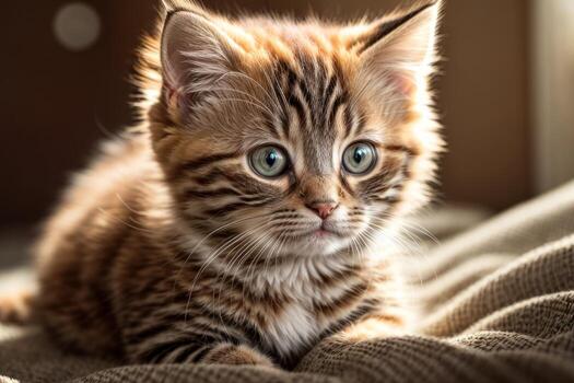 AI generated Cute tabby kitten lying down with warm bokeh lights in the background Generative by AI photo