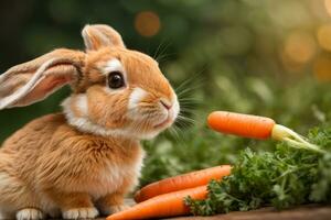 ai generado un linda Conejo rodeado por Fresco zanahorias en un rústico de madera superficie generativo por ai foto