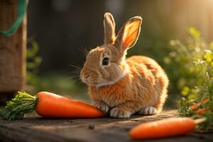 ai generado un linda Conejo rodeado por Fresco zanahorias en un rústico de madera superficie generativo por ai foto