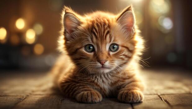 AI generated Cute tabby kitten lying down with warm bokeh lights in the background Generative by AI photo