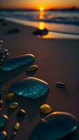 AI generated Smooth stones in a line on a beach at sunset with reflections vibrant sky colors Generative by AI photo