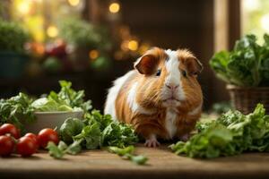 ai generado Guinea cerdo en medio de Fresco vegetales en un de madera mesa con suave Encendiendo generativo por ai foto