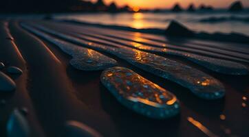 AI generated Smooth stones in a line on a beach at sunset with reflections vibrant sky colors Generative by AI photo