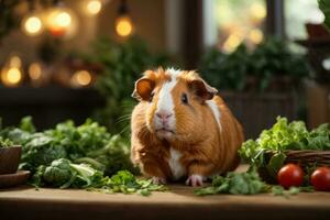 ai generado Guinea cerdo en medio de Fresco vegetales en un de madera mesa con suave Encendiendo generativo por ai foto