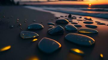 ai generado suave piedras en un línea en un playa a puesta de sol con reflexiones vibrante cielo colores generativo por ai foto