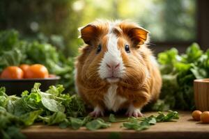 ai generado Guinea cerdo en medio de Fresco vegetales en un de madera mesa con suave Encendiendo generativo por ai foto