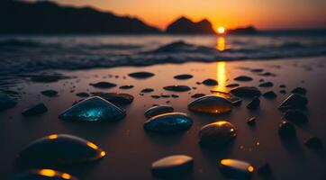 ai generado suave piedras en un línea en un playa a puesta de sol con reflexiones vibrante cielo colores generativo por ai foto