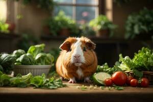 ai generado Guinea cerdo en medio de Fresco vegetales en un de madera mesa con suave Encendiendo generativo por ai foto