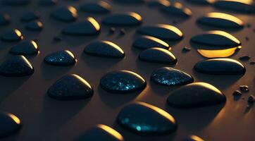 AI generated Smooth stones in a line on a beach at sunset with reflections vibrant sky colors Generative by AI photo