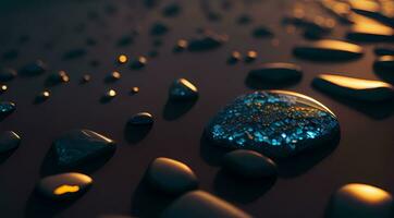 AI generated Smooth stones in a line on a beach at sunset with reflections vibrant sky colors Generative by AI photo