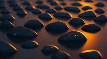 AI generated Smooth stones in a line on a beach at sunset with reflections vibrant sky colors Generative by AI photo