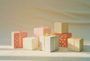 AI generated pink, brown and white polka dot boxes wrapped in papers photo