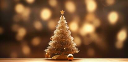 AI generated christmas tree on wooden table against lights background photo