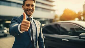 AI generated a person holding a key, representing the excitement and achievement of owning a new car photo